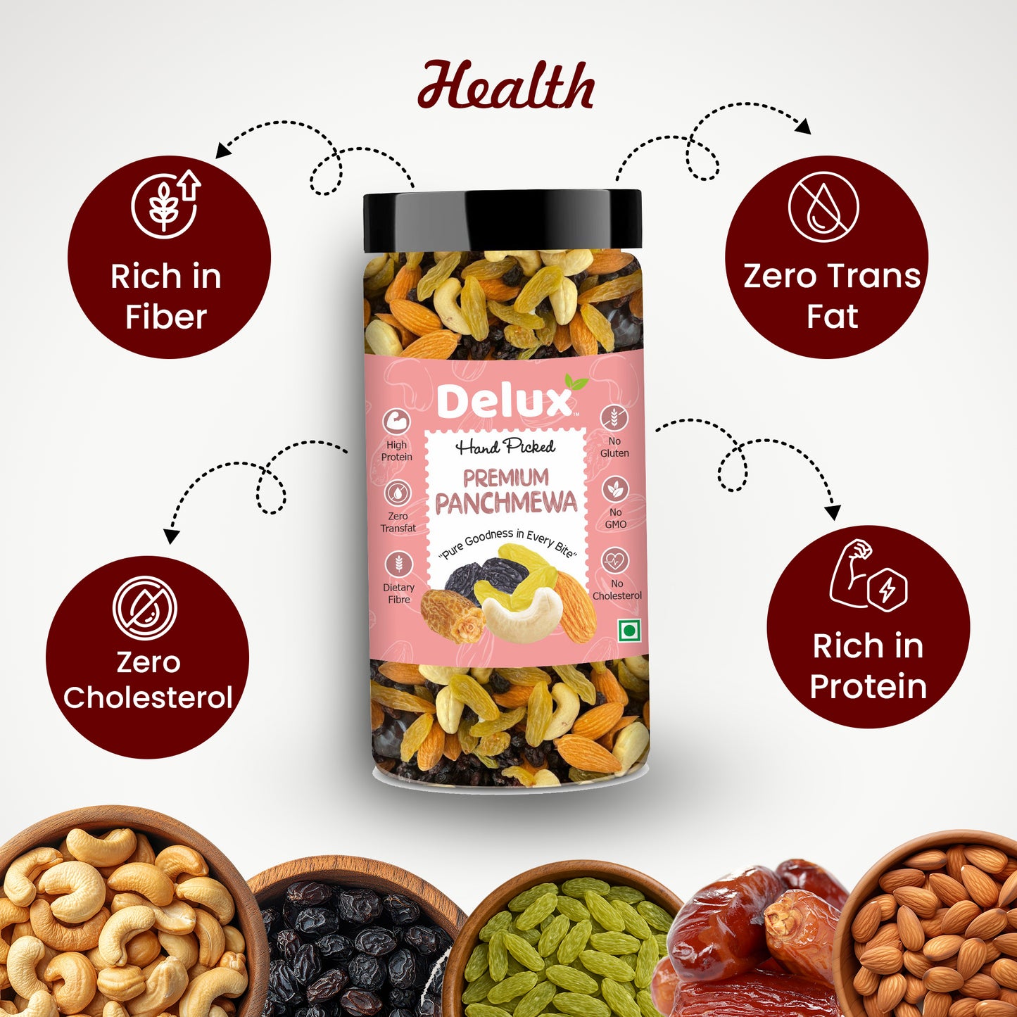 Delux Foods Panchmeva Dry Fruits Mix, 500g & 250g | Healthy Snacks Mixed Nuts Almonds, Cashews, Dates, Raisins