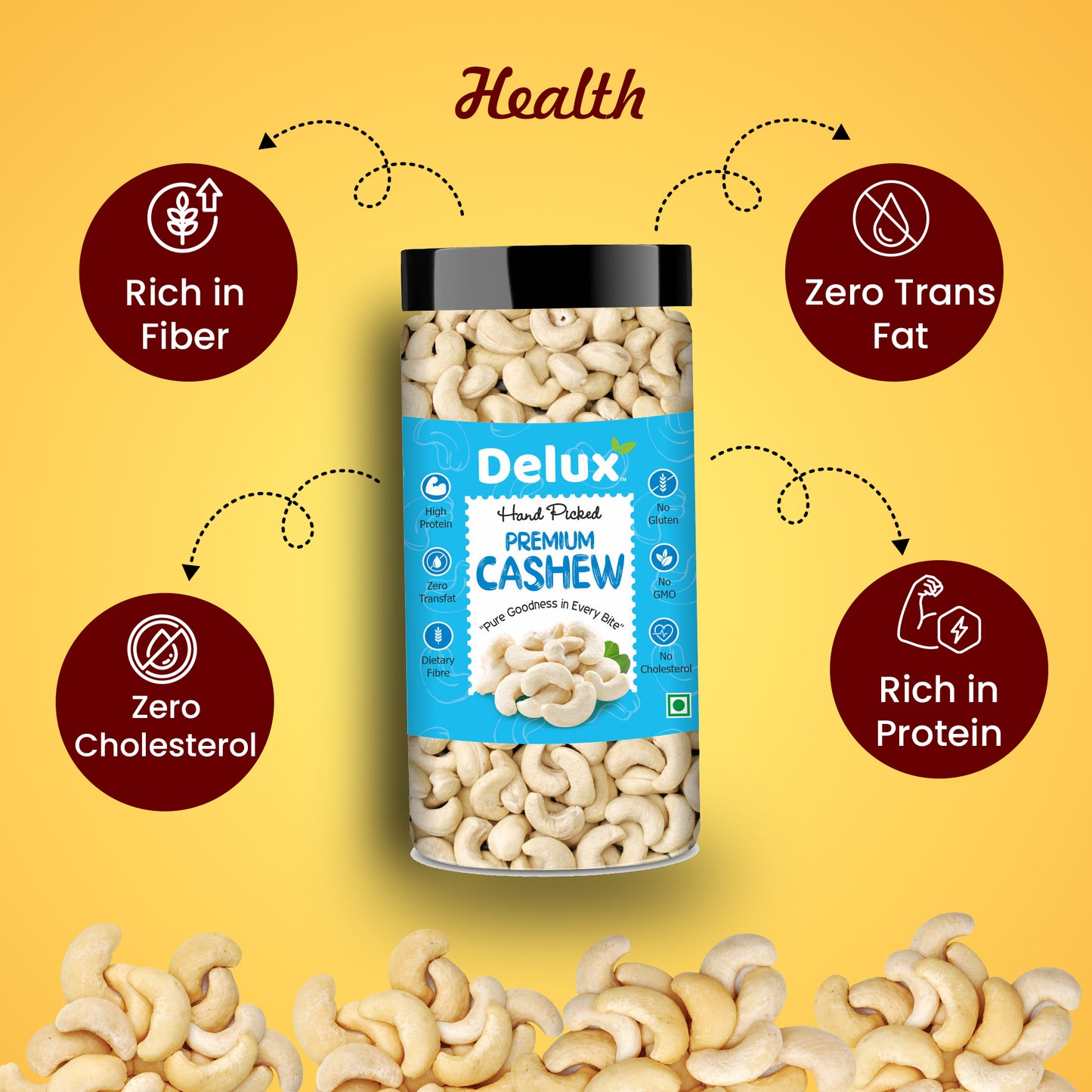 Delux Foods Pure Cashews Whole/Kaju, 250g & 500g, Nutritious & Delicious, Rich in Protein, Crunchy Nuts