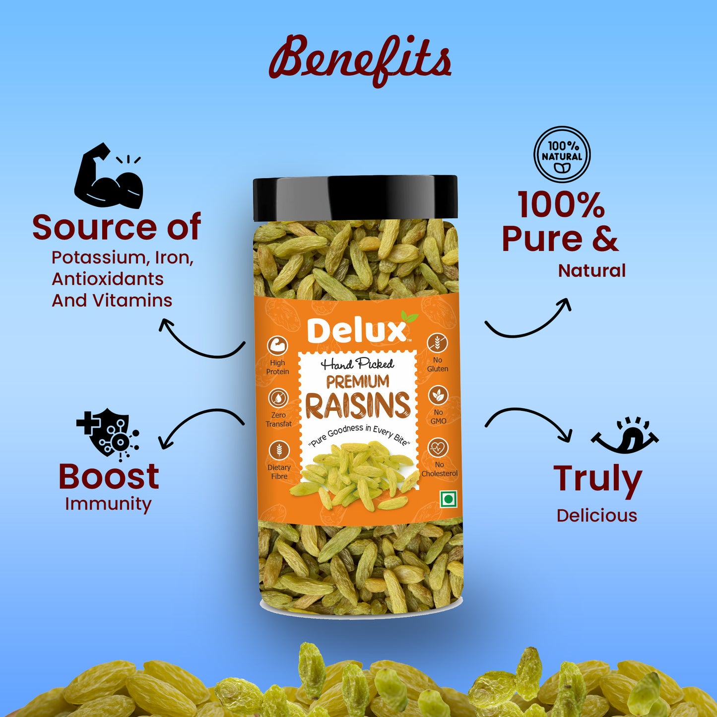 Premium Raisins | Seedless | 100% Pure | Source of Potassium | Long in Size | Upto 20 Quality Parameters Tested | 250g / 500g