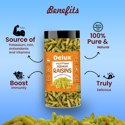 Premium Raisins | Seedless | 100% Pure | Source of Potassium | Long in Size | Upto 20 Quality Parameters Tested | 250g / 500g
